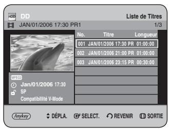 DD JAN/01/2006 17:30 PR1 Liste de Titres 1/3 No. Titre Longueur 001 JAN/01/2006 17:30 PR 01:00:00 002 JAN/01/2006 21:00 PR 01:00:00 003 JAN/01/2006 23:15 PR 00:30:00 JP-80 Jan/01/2006 17:30 SP Compatibilité V-Mode Anykey DEPLA SELECT REVENIR SORTIE