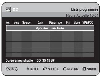 Liste programmée Heure Actuelle 10:54 No. Vers Source Date Démarrage Fin Mode VPS/PDC Ajouter une liste Durée enregistrable DD 35:45 SP Anykey DEPLA SELECT REVENIR SORTIE