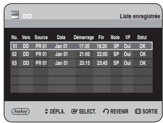 No. Vers Source Date Démarrage Fin Mode VIP Statut 01 DD PR 01 Jan 01 17:30 18:30 SP Oui OK 02 DD PR 01 Jan 01 21:00 22:00 SP Oui OK 03 DD PR 01 Jan 01 23:15 23:45 SP Oui OK AnyKey DéPLA SELECT REVENIR SORTIE