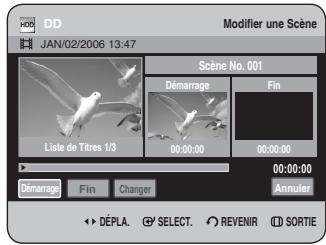 HDD MODIFIER une Scène JAN/02/2006 13:47 Scène No. 001 Démarrage Fin Liste de Titres 1/3 00:00:00 00:00:00 00:00:00 Démarrage Fin Changer Annuler DéPLA SELECT REVENIR SORTIE