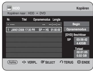 HDD Kopieren naar : HDD → DVD Nr. Titel Opnamemodus Lengte 1 JAN01/2006 17:30 PR SP → HS 01:00:00 Begin Opnamemodus [ DVD ] Beschikbaar SP 03:59:42 4,42GB Totaal 00:01:05 0,02 GB Anykey VERPL SELECT TERUG EINDE