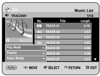 CD TRACK01 Music List 1/16 No. Title Length 27 TRACK 01 4.19 002 TRACK 02 3:57 003 TRACK 03 3:57 004 TRACK 04 4.03 Play Mode TRACK 05 4.09 Playlist TRACK 06 5.08 Select Media TRACK 07 3.31 Anyway MOVE SELECT RETURN EXIT