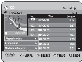 CD TRACK01 Muzieklijst 1/16 Nr. Titel Lengte 2 TRACK 01 4:19 002 TRACK 02 3:57 003 TRACK 03 3:57 004 TRACK 04 4:03 Afspeelimodus TRACK 05 4:09 Afspeellijst TRACK 06 5:08 Medium selecteren TRACK 07 3:31 Anykey VERPL. SELECT TERUG EINDE