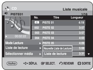 CD Liste musicale PISTE01 1/16 No. Titre Longueur PISTE 01 4:19 002 PISTE 02 3:57 003 PISTE 03 3:57 004 PISTE 04 4:03 Mode Lecture PISTE 05 4:08 Liste de lecture Nouvelle Liste de Lecture 5:08 Sélectionner média Liste de lecture 3:31 Anykey DÉPLA SELECT REVENIR SORTIE