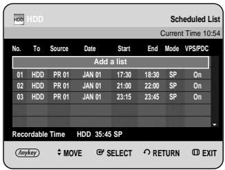 HDD Scheduled List Current Time 10:54 No. To Source Date Start End Mode VPS/PDC Add a list 01 HDD PR 01 JAN 01 17:30 18:30 SP On 02 HDD PR 01 JAN 01 21:00 22:00 SP On 03 HDD PR 01 JAN 01 23:15 23:45 SP On Recordable Time HDD 35:45 SP Mykey MOVE SELECT RETURN EXIT