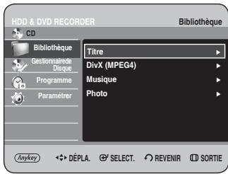 HDD & DVD RECORDER CD Bibliothèque Gestionnaire Disque Programme Paramétrer Titre DivX (MPEG4) Musique Photo Anykey DéPLA. SELECT. REVENIR SORTIE