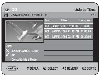 DD JAN/01/2006 17:30 PR1 Liste de Titres 1/3 No. Titre Longueur 001 JAN/01/2006 17:30 PR 01:00:00 002 JAN/01/2006 21:00 PR 01:00:00 003 JAN/01/2006 23:15 PR 00:30:00 SP Compatibilité V-Mode Anykey DÉPLA SELECT REVENIR SORTIE