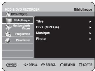 HDD & DVD RECORDER DVD-RW(VR) Bibliothèque Titre DivX (MPEG4) Musique Photo Anykey DéPLA. SELECT. REVENIR SORTIE