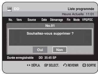 Liste programmée Heure Actuelle 11:01 No. Vers Source Date Démarrage Fin Mode VPS/PDC No.01 Souhaitez-vous supprimer ? Oui Non Durée enregistrable DD 35:45 SP DéPLA SELECT REVENIR SORTIE