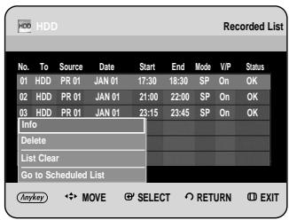 HDD Recorded List No. To Source Date Start End Mode VIP Status 01 HDD PR 01 JAN 01 17:30 18:30 SP On OK 02 HDD PR 01 JAN 01 21:00 22:00 SP On OK 03 HDD PR 01 JAN 01 23:15 23:45 SP On OK Info Delete List Clear Go to Scheduled List Anyway MOVE SELECT RETURN EXIT