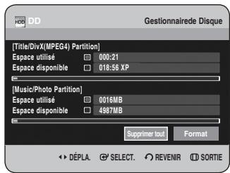 [Title/DivX(MPEG4) Partition] Espace utilisé 000:21 Espace disponible 018:56 XP [Music/Photo Partition] Espace utilisé 0016MB Espace disponible 4987MB Supprimer tout Format ► DÉPLA. SELECT. REVENIR SORTIE
