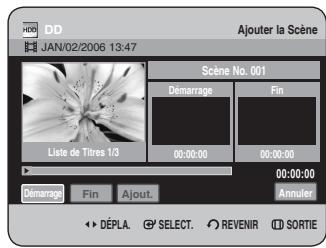 HDD JAN/02/2006 13:47 Ajouter la Scène Scène No. 001 Démarrage Fin Liste de Titres 1/3 00:00:00 00:00:00 00:00:00 Démarrage Fin Ajout. Annuler DéPLA SELECT REVENIR SORTIE