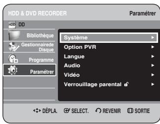 HDD & DVD RECORDER Paramétrer Bibliothèque Gestionnaire de Disque. Programme Paramétrer Système Option PVR Langue Audio Vidéo Verrouillage parental DéPLA. SELECT. REVENIR SORTIE