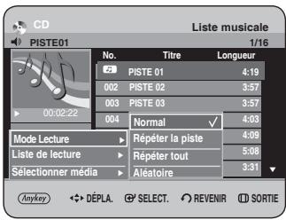 CD Liste musicale PISTE01 1/16 No. Titre Longueur PISTE 01 4:19 002 PISTE 02 3:57 003 PISTE 03 3:57 004 Normal √ 4:03 Mode Lecture > Répéter la piste 4:09 Liste de lecture > Répéter tout 5:08 Sélectionner média > Aléatoire 3:31 Jinkey DÉPLA SELECT REVENIR SORTIE