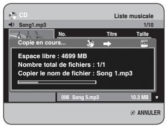 CD Liste musicale Song1.mp3 1/10 No. Titre Taille Copie en cours... Espace libre : 4699 MB Nombre total de fichiers : 1/1 Copier le nom de fichier : Song 1.mp3 006 Song 5.mp3 10.3 MB ANNULER