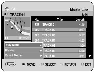 CD TRACK01 Music List 1/16 No. Title Length 5 TRACK 01 4:19 002 TRACK 02 3:57 003 TRACK 03 3:57 004 TRACK 04 4:03 Play Mode ► RACK 05 4:09 Playlist ► RACK 06 5:08 Select Media ► RACK 07 3:31 Anykey ◄ MOVE ► SELECT ○ RETURN ◎ EXIT