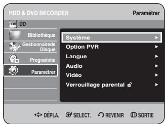 HDD & DVD RECORDER Paramétrer Bibliothèque Gestionnaire de Disque Programme Paramétrer Système Option PVR Langue Audio Vidéo Verrouillage parental d° DéPLA. SELECT. REVENIR SORTIE