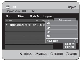 HDD DD Copier vers : DD → DVD No. Titre Mode Enr Longueur 1 JAN/01/2006 17:30 PR SP → HS 01 XP SP LP EP Haut débit ✓ 00:01:05 0.02 GB Démarage ✿ DÉPLA ⚫ SELECT. ⬇ REVENIR Ⓗ SORTIE