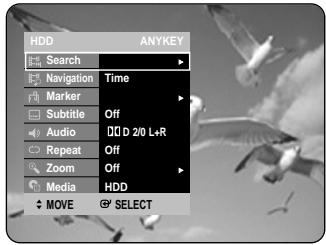 HDD ANYKEY Search Navigation Time Marker Off Subtitle Audio D 2/0 L+R Repeat Off Zoom Off Media HDD MOVE SELECT