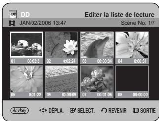 DD JAN/02/2006 13:47 Editor la liste de lecture Scène No. 1/7 01 00:03:3 02 0:02:24 03 00:00:34 04 0:00:31 05 00:01:22 06 00:00:08 07 04:01:06 08 00:00:00 DÉPLA. SELECT. REVENIR SORTIE