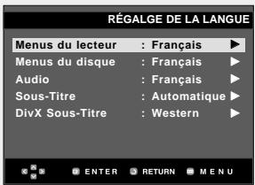 RÉGALGE DE LA LANGUE Menus du lecteur : Français Menus du disque : Français Audio : Français Sous-Titre : Automatique DivX Sous-Titre : Western