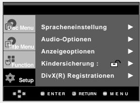 Dec Menu Title Menu Function Setup Spracheneinstellung Audio-Optionen Anzeigeoptionen Kindersicherung : DivX(R) Registrationen ENTER RETURN MENU