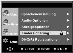 Mac Menu Spracheneinstellung Audio-Optionen Anzeigeoptionen Kindersicherung : DivX(R) Registrationen Setup ENTER RETURN MENU