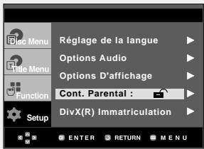 Réglage de la langue Options Audio Options D'affichage Cont. Parental : DivX(R) Immatriculation Setup ENTER RETURN MENU