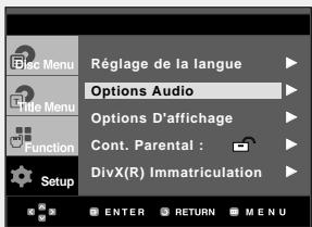 Réglage de la langue Options Audio Options D'affichage Cont. Parental : DivX(R) Immaterculation Setup ENTER RETURN MENU