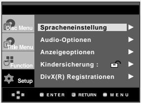 Proc Menu Spracheneinstellung Title Menu Audio-Optionen Anzeigeoptionen Kindersicherung : DivX(R) Registrationen Setup ENTER RETURN MENU