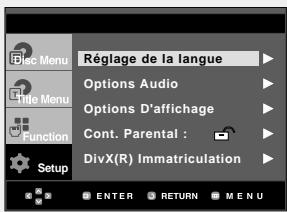 Réglage de la langue Options Audio Options D'affichage Cont. Parental : DivX(R) Immaterculation Setup ENTER RETURN MENU