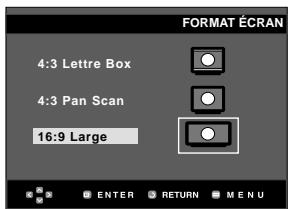 FORMAT ÉCRAN 4:3 Lettre Box 4:3 Pan Scan 16:9 Large ENTER RETURN MENU