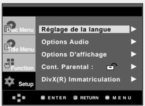 Réglage de la langue Options Audio Options D'affichage Cont. Parental : DivX(R) Immatriculation