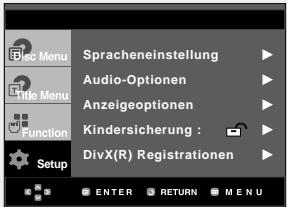 Spracheneinstellung Audio-Optionen Anzeigeoptionen Kindersicherung : DivX(R) Registrationen ENTER RETURN MENU