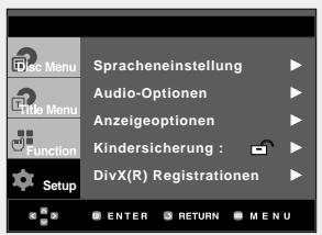 Doc Menu Title Menu Function Setup Spracheneinstellung Audio-Optionen Anzeigeoptionen Kindersicherung : DivX(R) Registrationen ENTER RETURN MENU