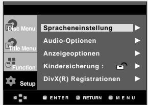 Spracheneinstellung Audio-Optionen Anzeigeoptionen Kindersicherung : DivX(R) Registrationen ENTER RETURN MENU