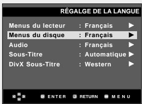 RÉGALGE DE LA LANGUE Menus du lecteur : Français ▶ Menus du disque : Français ▶ Audio : Français ▶ Sous-Titre : Automatique ▶ DivX Sous-Titre : Western ▶