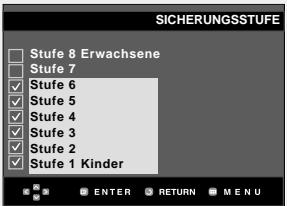 SICHERUNGSSTUFE Stufe 8 Erwachsene Stufe 7 Stufe 6 Stufe 5 Stufe 4 Stufe 3 Stufe 2 Stufe 1 Kinder ENTER RETURN MENU
