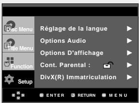 Réglage de la langue Options Audio Options D'affichage Cont. Parental : DivX(R) Immaterculation Setup ENTER RETURN MENU