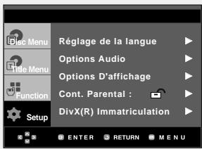 Régage de la langue Options Audio Options D'affichage Cont. Parental : DivX(R) Immatriculation