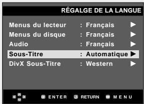 RÉGALGE DE LA LANGUE Menus du lecteur : Français ▶ Menus du disque : Français ▶ Audio : Français ▶ Sous-Titre : Automatique ▶ DivX Sous-Titre : Western ▶