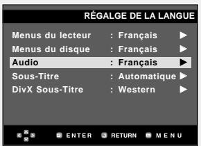 RÉGALGE DE LA LANGUE Menus du lecteur : Français ▶ Menus du disque : Français ▶ Audio : Français ▶ Sous-Titre : Automatique ▶ DivX Sous-Titre : Western ▶