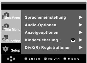 Disc Menu Title Menu Function Setup Spracheneinstellung Audio-Optionen Anzeigeoptionen Kindersicherung : DivX(R) Registrationen ENTER RETURN MENU
