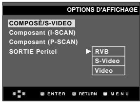 OPTIONS D'AFFICHAGE COMPOSÉ/S-VIDEO Composant (I-SCAN) Composant (P-SCAN) SORTIE Peritel RVB S-Video Video