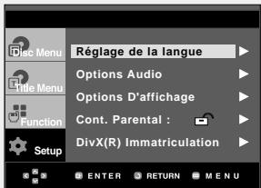 Réglage de la langue Options Audio Options D'affichage Cont. Parental : DivX(R) Immatriculation Setup ENTER RETURN MENU