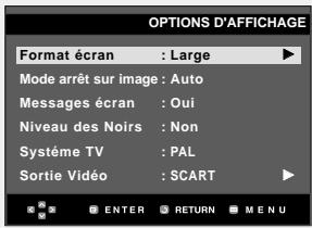 OPTIONS D'AFFICHAGE Format écran : Large Mode arrêt sur image : Auto Messages écran : Oui Niveau des Noirs : Non Système TV : PAL Sortie Vidéo : SCART