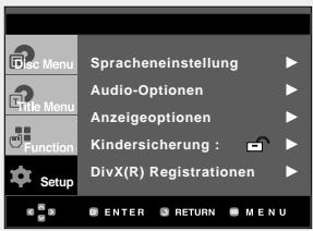 Spracheneinstellung Audio-Optionen Anzeigeoptionen Kindersicherung : DivX(R) Registrationen ENTER RETURN MENU