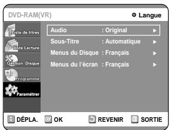 SAMSUNG DVD-R100E - Sélectionnez "Langue" à l'aide des touches ▲▼, puis appuyez sur la touche ◆ ou OK. Le menu Configuration de la langue s'affiche. - 2
