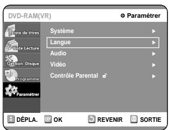 SAMSUNG DVD-R100E - Sélectionnez "Langue" à l'aide des touches ▲▼, puis appuyez sur la touche ◆ ou OK. Le menu Configuration de la langue s'affiche. - 1