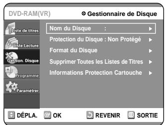 SAMSUNG DVD-R100E - Appuyez sur les touches ▲▼ pour selectionner “Gestion. Disque”, puis appuyez sur la touche OK ou ▷. - 1